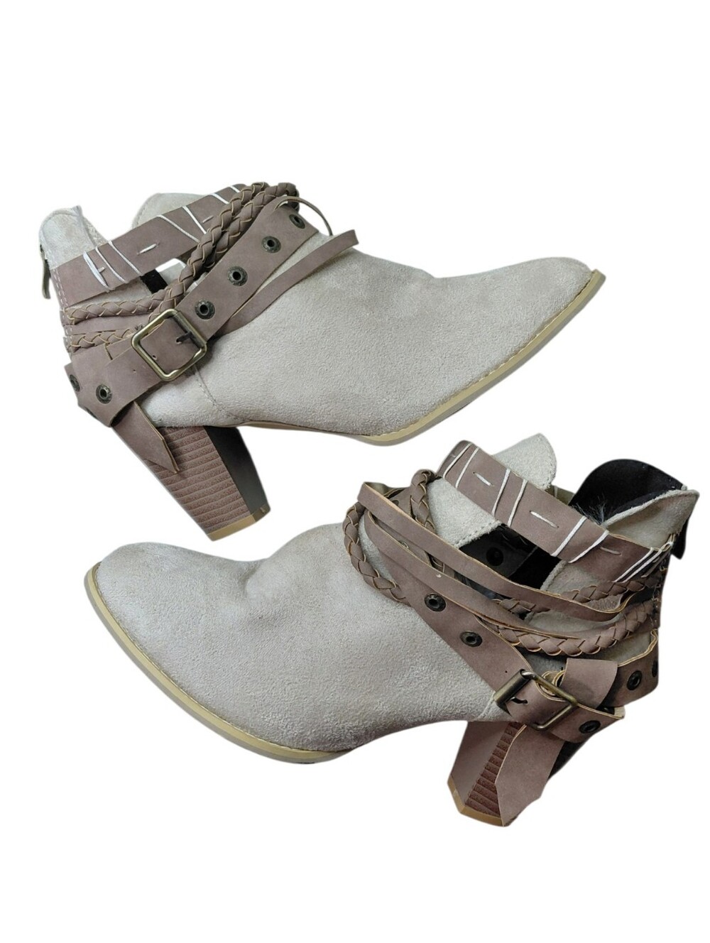 Women’s Tan Western Ankle Boots with Braided Straps Size 10